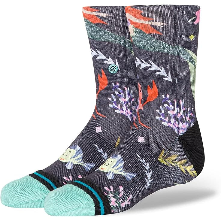 Stance Kids Ariel By Estee Crew Socks 2024 - A pair of crew socks featuring Ariel from Disney's The Little Mermaid in a green and orange color scheme.