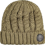 Roxy Women's Tram Beanie 2023 - A tan beanie with a braided pattern on top and ribbed cuffs.