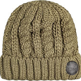 Roxy Women's Tram Beanie 2023 - A tan beanie with a braided pattern on top and ribbed cuffs.