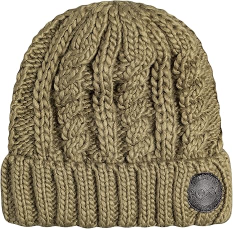 Roxy Women's Tram Beanie 2023 - A tan beanie with a braided pattern on top and ribbed cuffs.