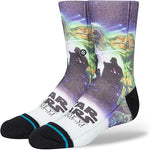 JABA CREW C SOCK KIDS 2023 - A pair of crew socks with a colorful, abstract pattern featuring shades of blue and green.