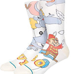 Stance Disney 100 Dumbo By Travis Millard Crew Sock 2023 - A white crew sock with a colorful illustration of Dumbo flying on it.