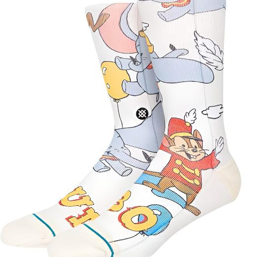 Stance Disney 100 Dumbo By Travis Millard Crew Sock 2023 - A white crew sock with a colorful illustration of Dumbo flying on it.