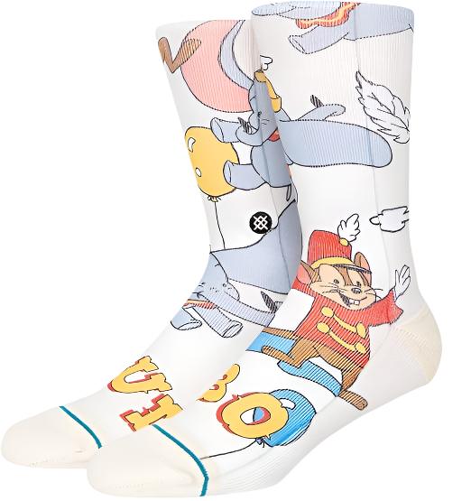 Stance Disney 100 Dumbo By Travis Millard Crew Sock 2023 - A white crew sock with a colorful illustration of Dumbo flying on it.