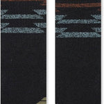 Stance Blanket Statement Socks 2023 - A pair of black socks with a repeating pattern of horizontal stripes in shades of brown and blue.