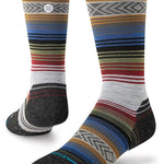 Stance Lightweight Wool Hiking Socks 2024 - A pair of hiking socks with a subtle pattern of thin stripes in various earthy tones, including brown and green.