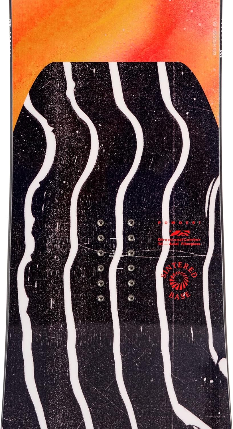 Whitespace Powder - A black snowboard with white wavy lines on it, featuring a red and orange gradient at the top.