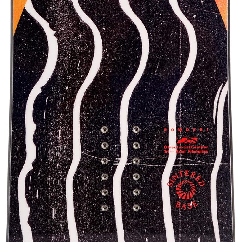 Whitespace Powder - A black snowboard with white wavy lines on it, featuring a red and orange gradient at the top.