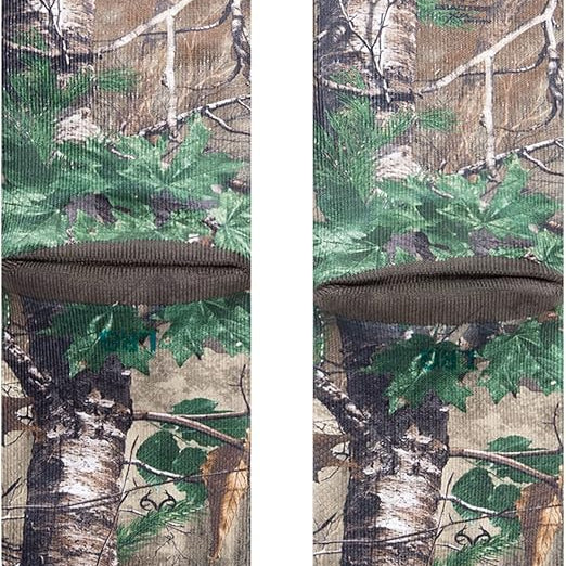 Stance x Realtree Kid's Xtra Crew Sock 2023 - Camo pattern with green leaves and brown branches on a light-brown background.