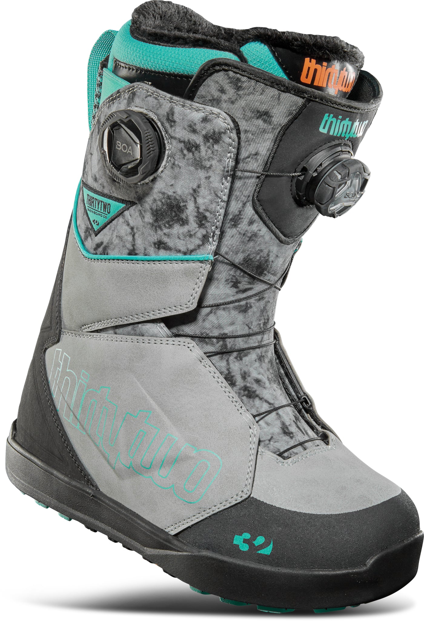 ThirtyTwo Women's Lashed Double BOA Snowboard Boot 2025 - A gray and black snowboard boot with teal accents, featuring a double BOA closure system on the side.