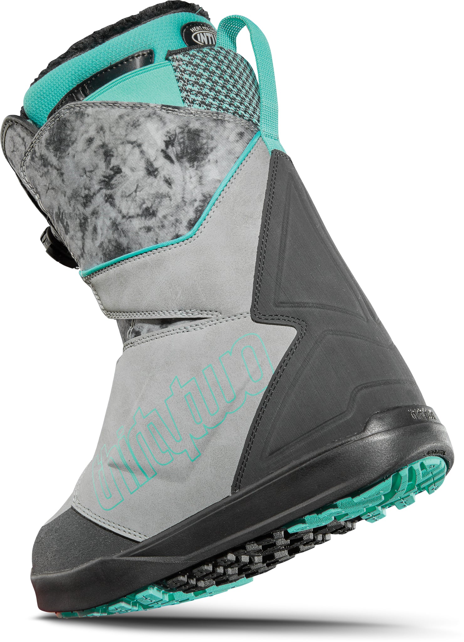 ThirtyTwo Women's Lashed Double BOA Snowboard Boot 2025 - A gray snowboard boot with a black sole and teal accents, featuring two BOA dials on the side.