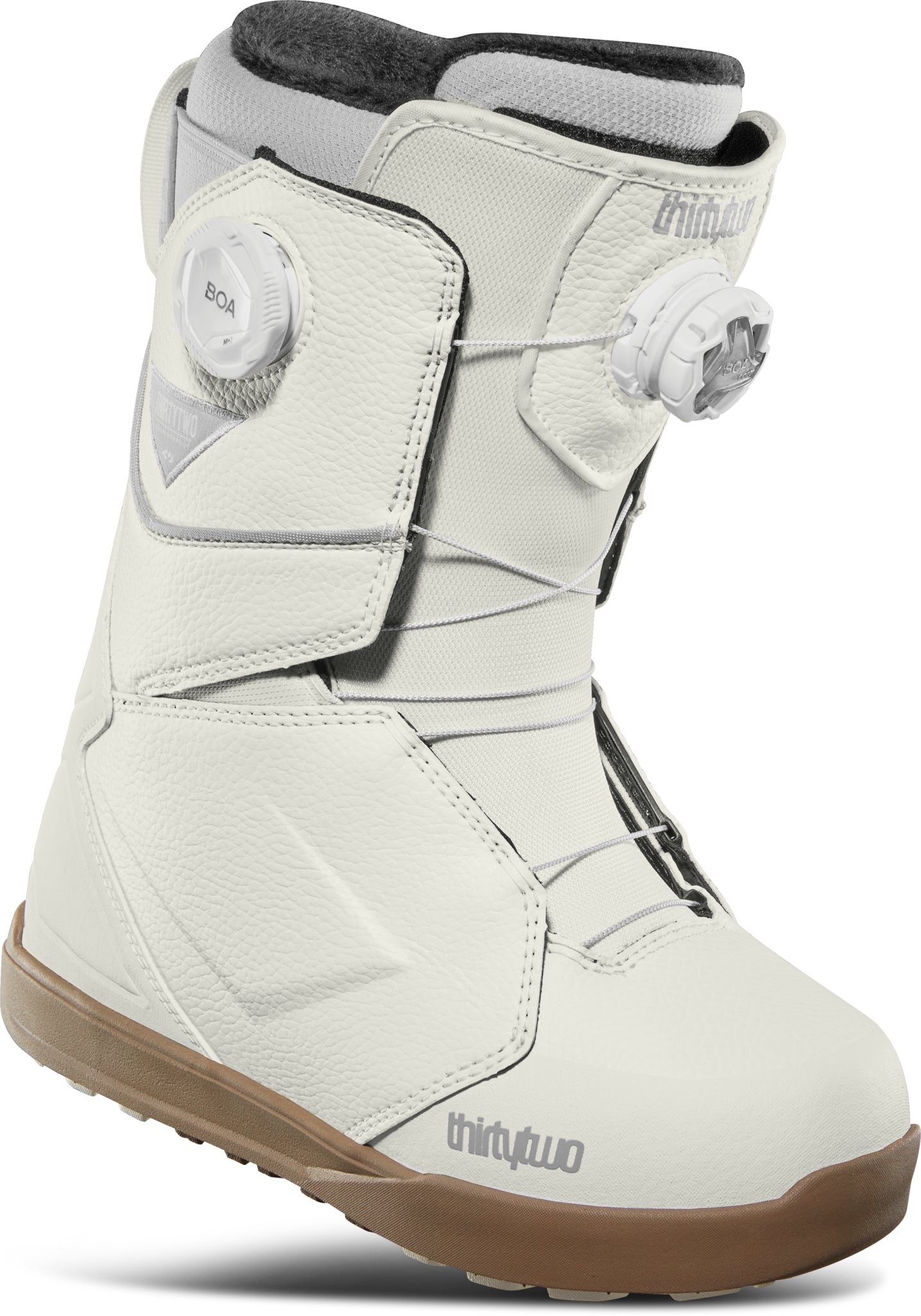 ThirtyTwo Women's Lashed Double BOA Snowboard Boot 2025 - White snowboard boots with silver hardware and a textured rubber sole.