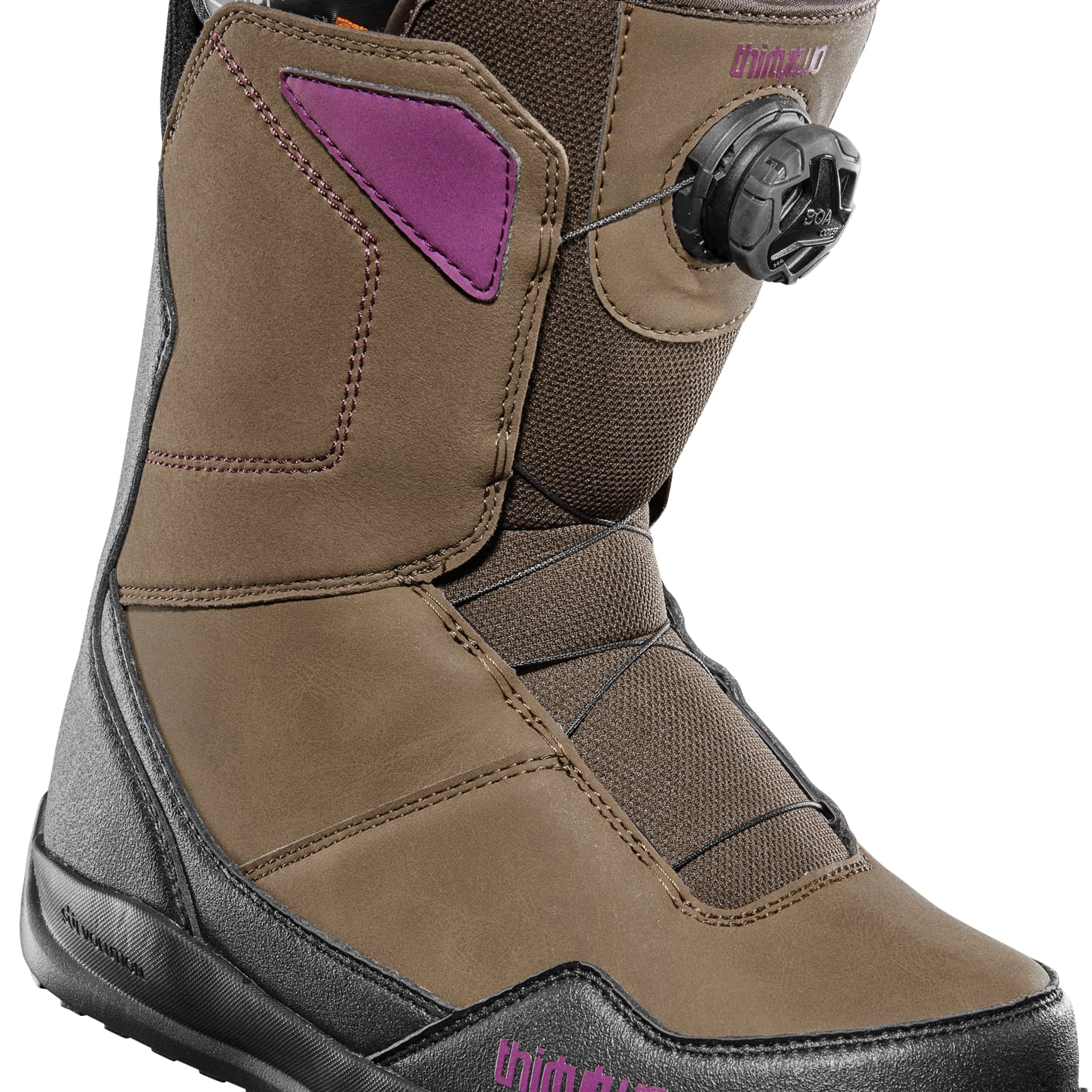 ThirtyTwo Women's Shifty BOA Snowboard Boot 2025 - A brown snowboard boot with a purple logo on the side and a black BOA dial.