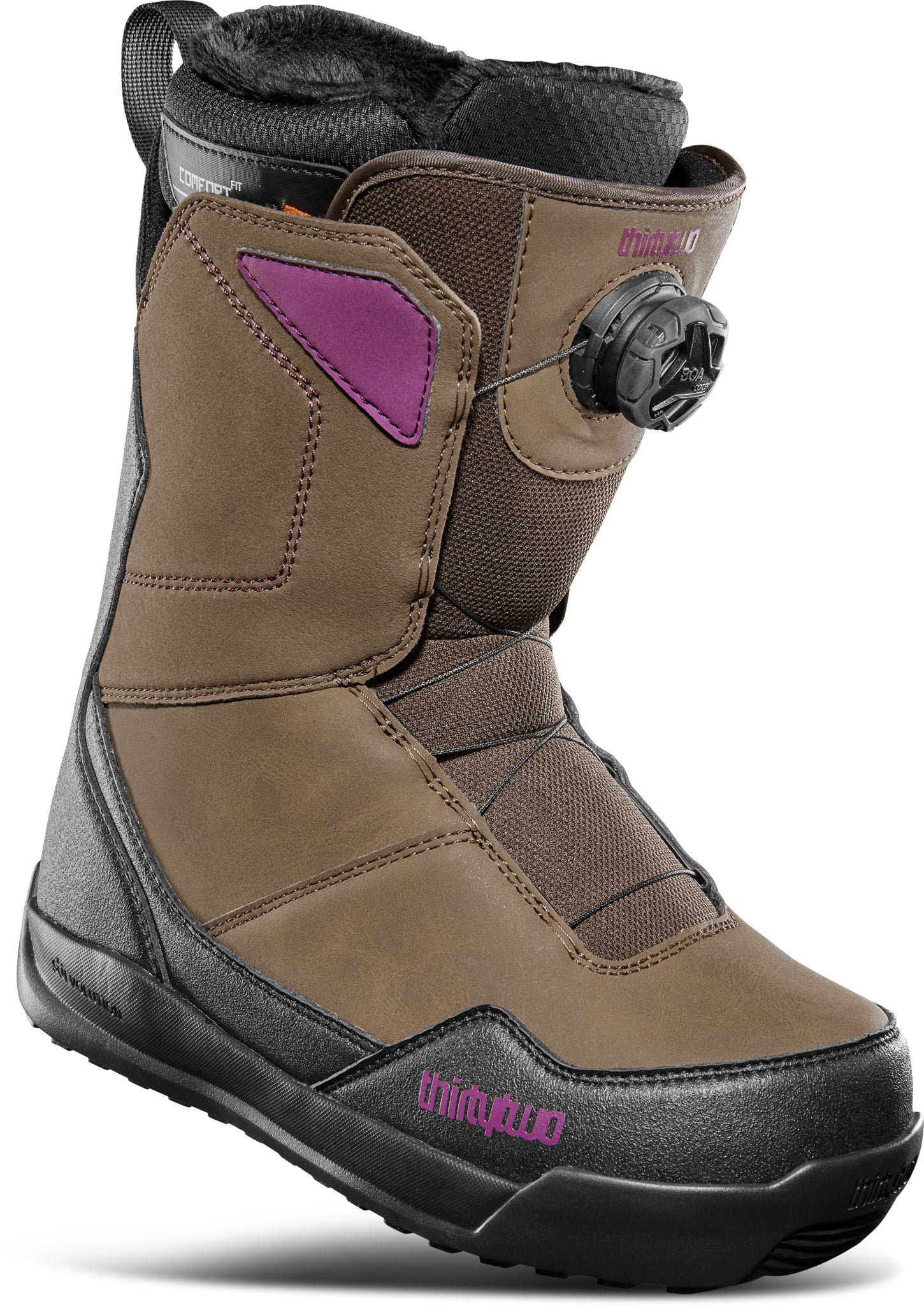 ThirtyTwo Women's Shifty BOA Snowboard Boot 2025 - A brown snowboard boot with a purple logo on the side and a black BOA dial.