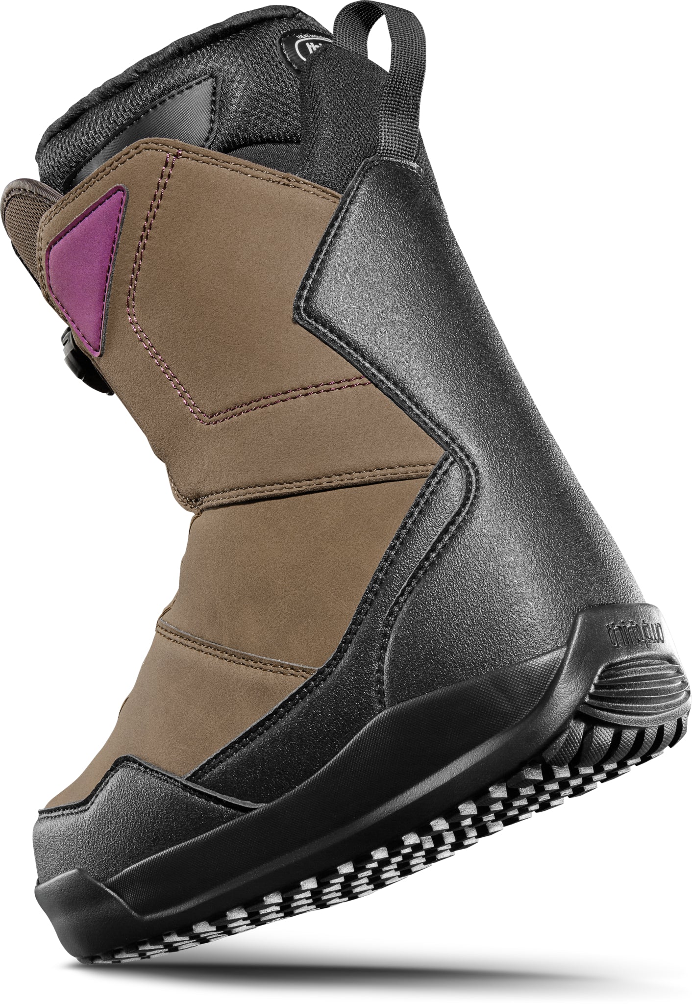 ThirtyTwo Women's Shifty BOA Snowboard Boot 2025 - A tan snowboard boot with a purple triangle on the side, featuring a black sole and laces.