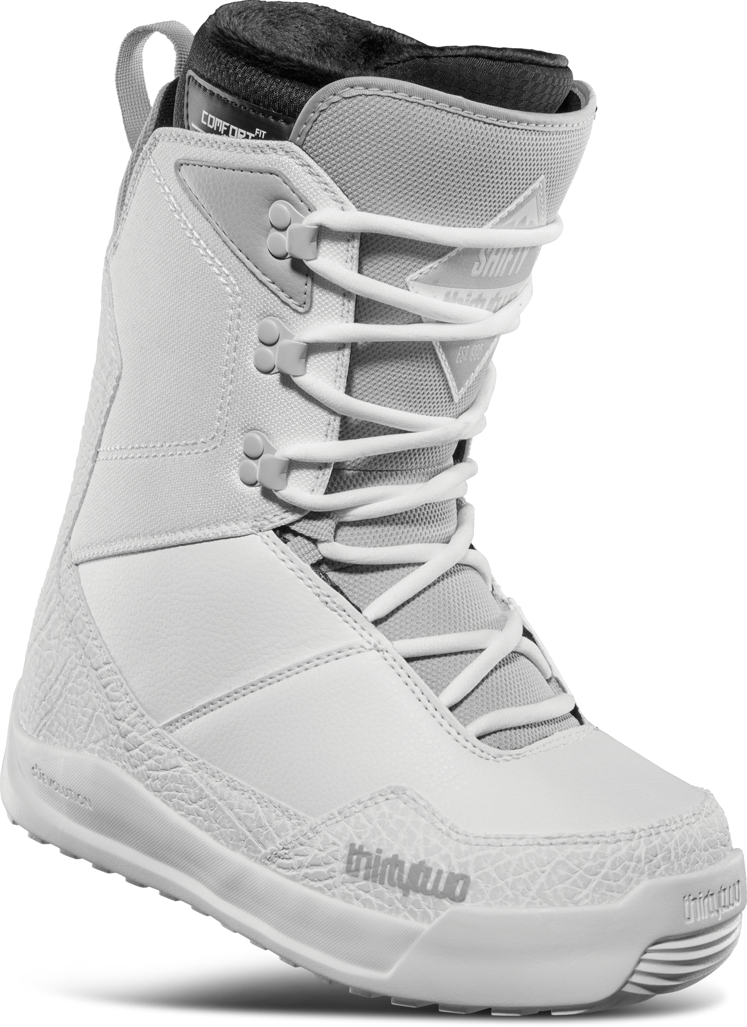 ThirtyTwo Women's Shifty Boot 2025 - A light gray boot with a textured pattern on the toe and heel areas, featuring white laces and a black logo on the side.