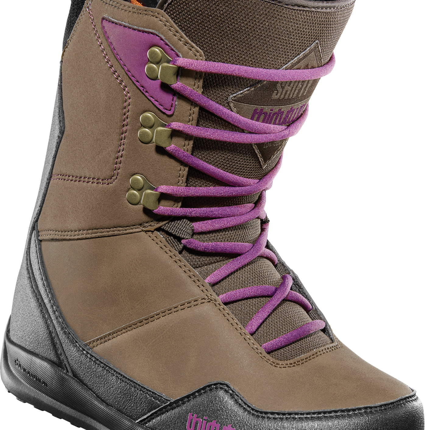 ThirtyTwo Women's Shifty Boot 2025 - A brown boot with purple laces and a black sole.