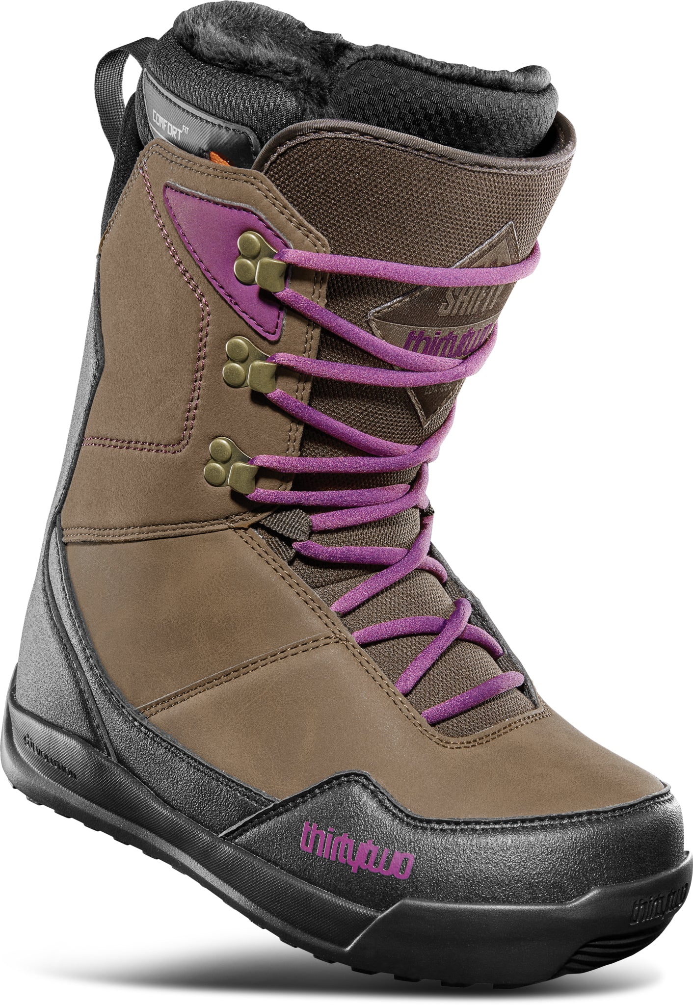 ThirtyTwo Women's Shifty Boot 2025 - A brown boot with purple laces and a black sole.