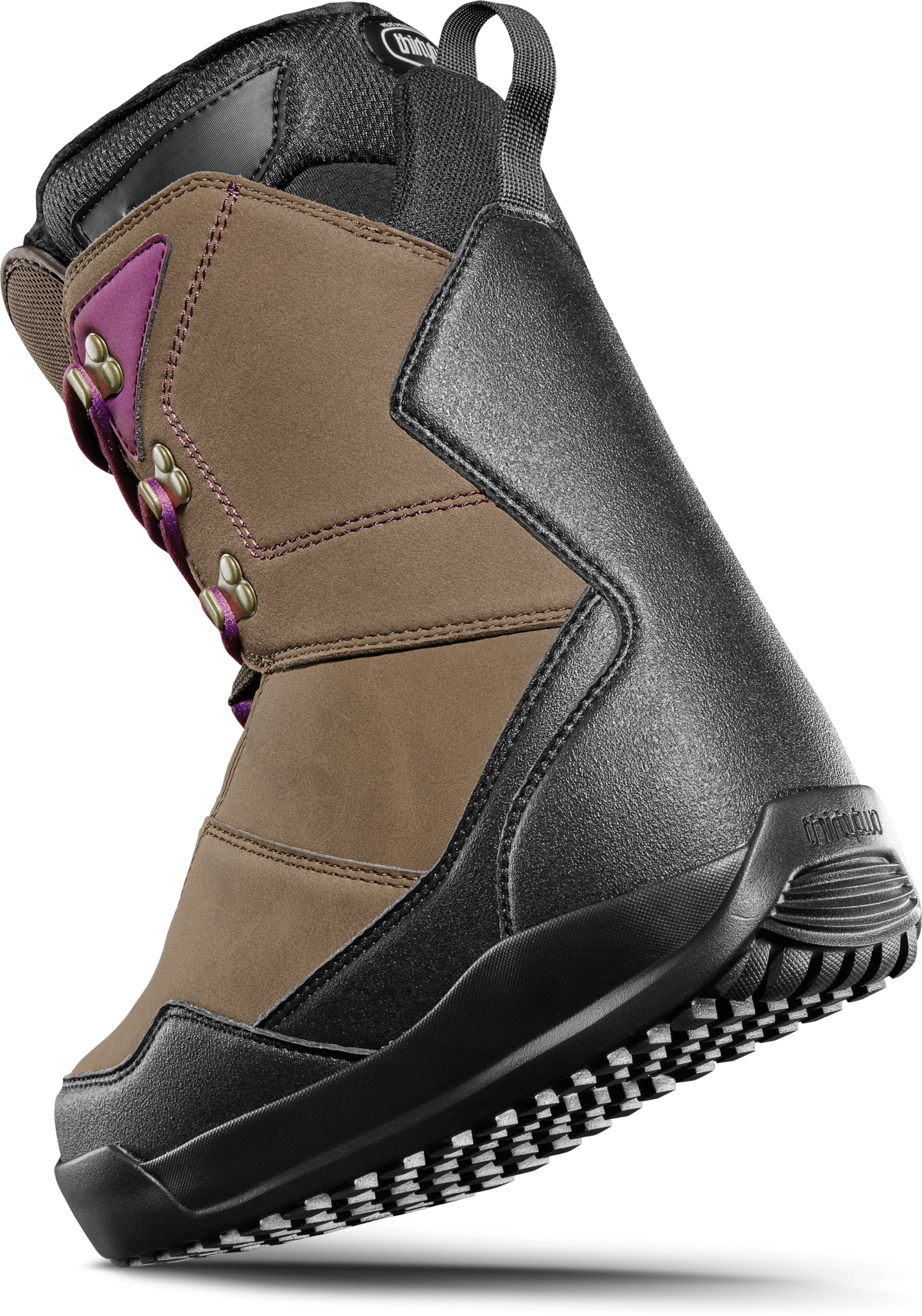 ThirtyTwo Women's Shifty Boot 2025 - A tan suede boot with purple accents and a black sole.