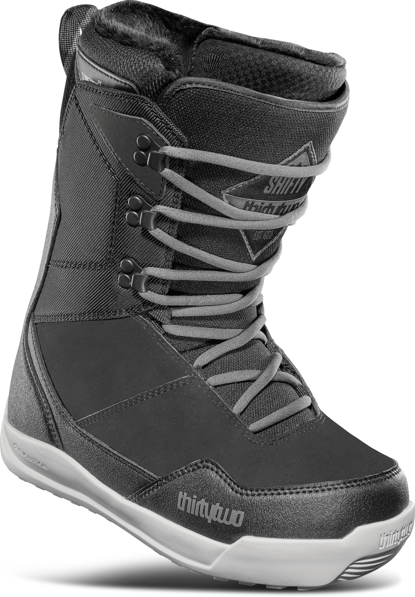 ThirtyTwo Women's Shifty Boot 2025 - A black boot with a textured pattern on the toe and heel, featuring a white sole and laces.