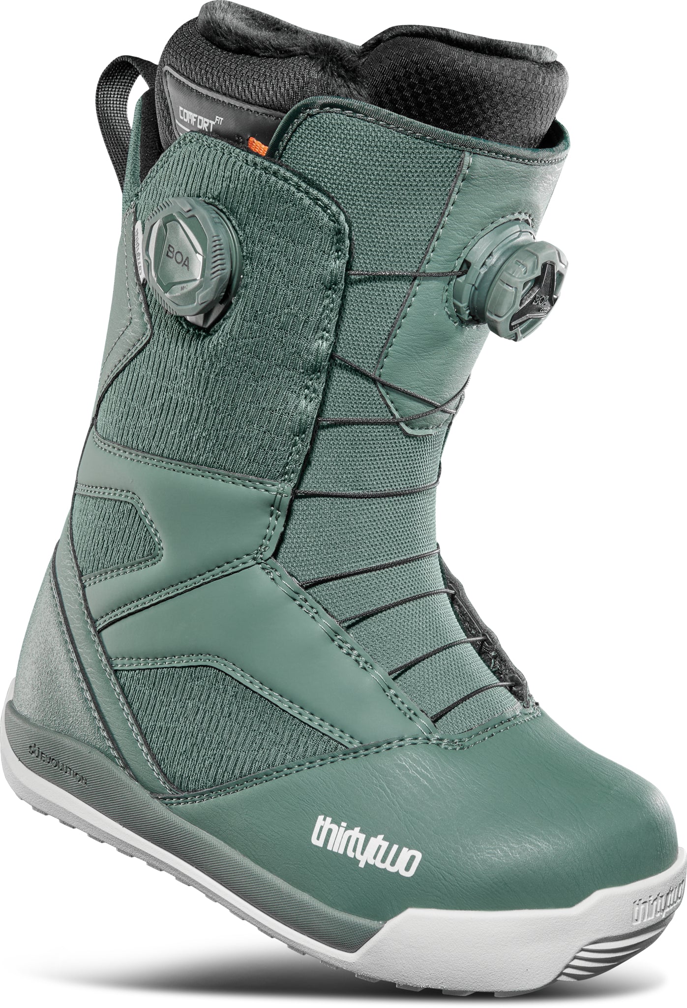 ThirtyTwo Women's STW Double Boa Snowboard Boot 2025 - A green snowboard boot with a textured pattern on the upper and white soles.