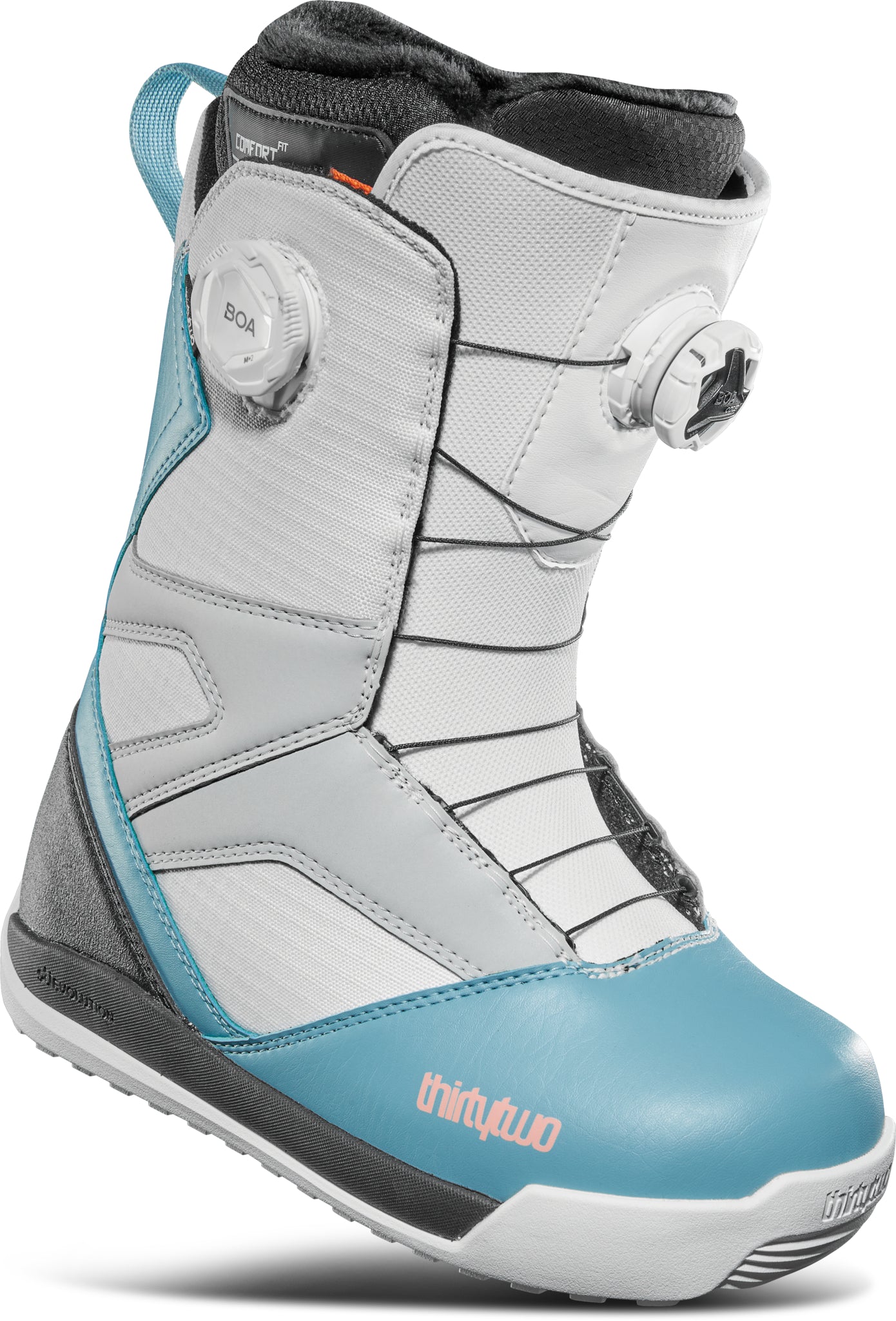ThirtyTwo Women's STW Double Boa Snowboard Boot 2025 - A white and blue snowboard boot with a black sole, featuring two BOA dials on the side.