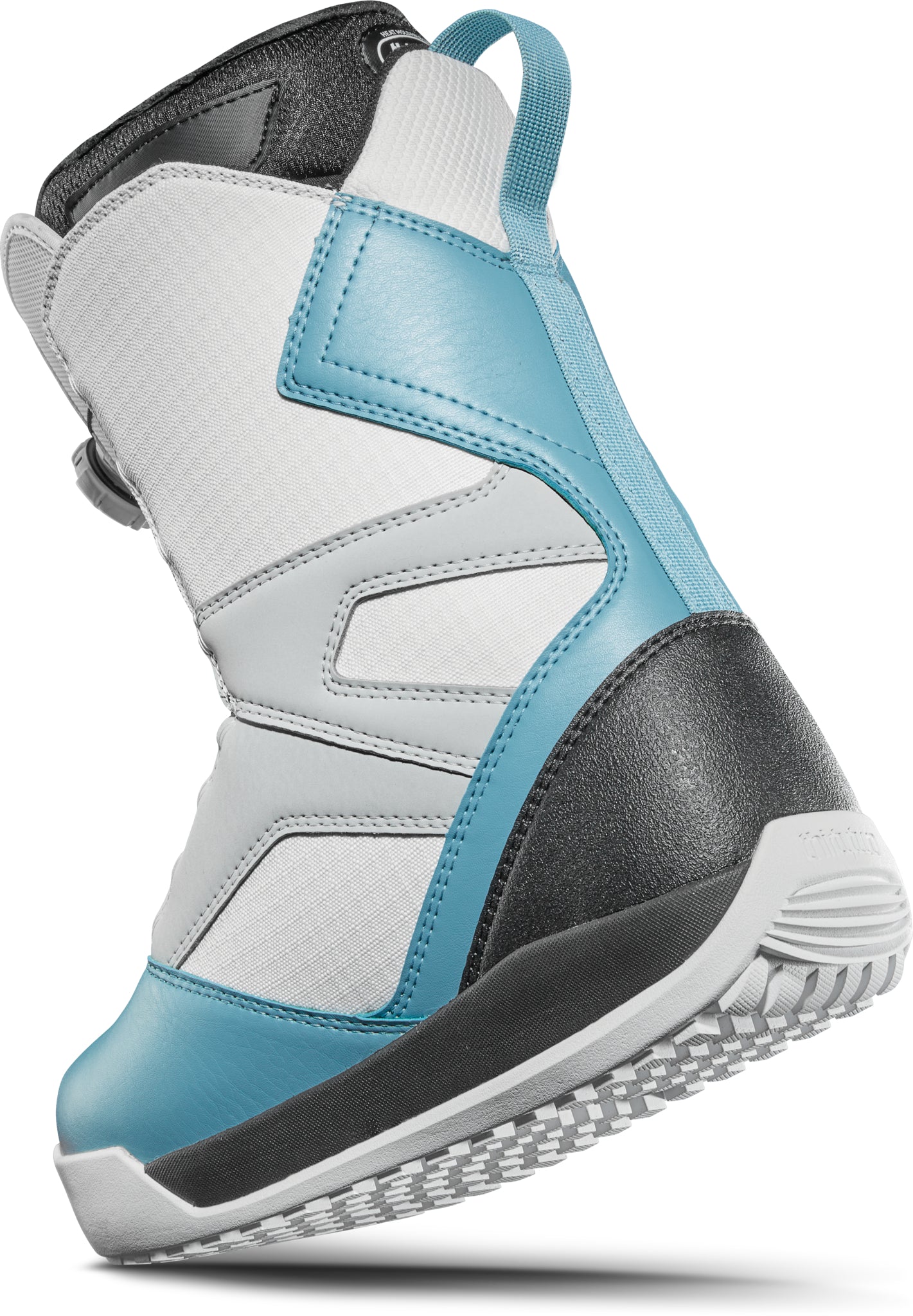 ThirtyTwo Women's STW Double Boa Snowboard Boot 2025 - A white snowboard boot with a blue stripe and black accents on the toe cap, heel, and strap.
