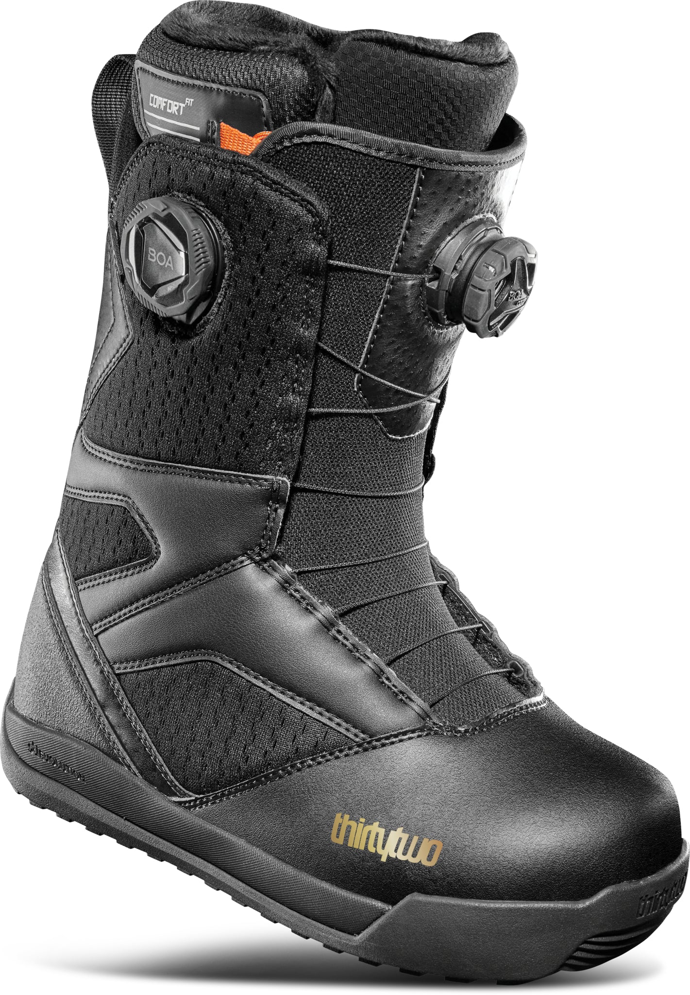 ThirtyTwo Women's STW Double Boa Snowboard Boot 2025 - Black snowboard boots with a textured pattern on the upper material and black laces.