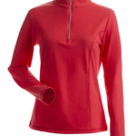 Nils Women's Robin 1/4 Zip T-Neck 2025 - A coral-colored, quarter-zip pullover with a high collar and long sleeves.
