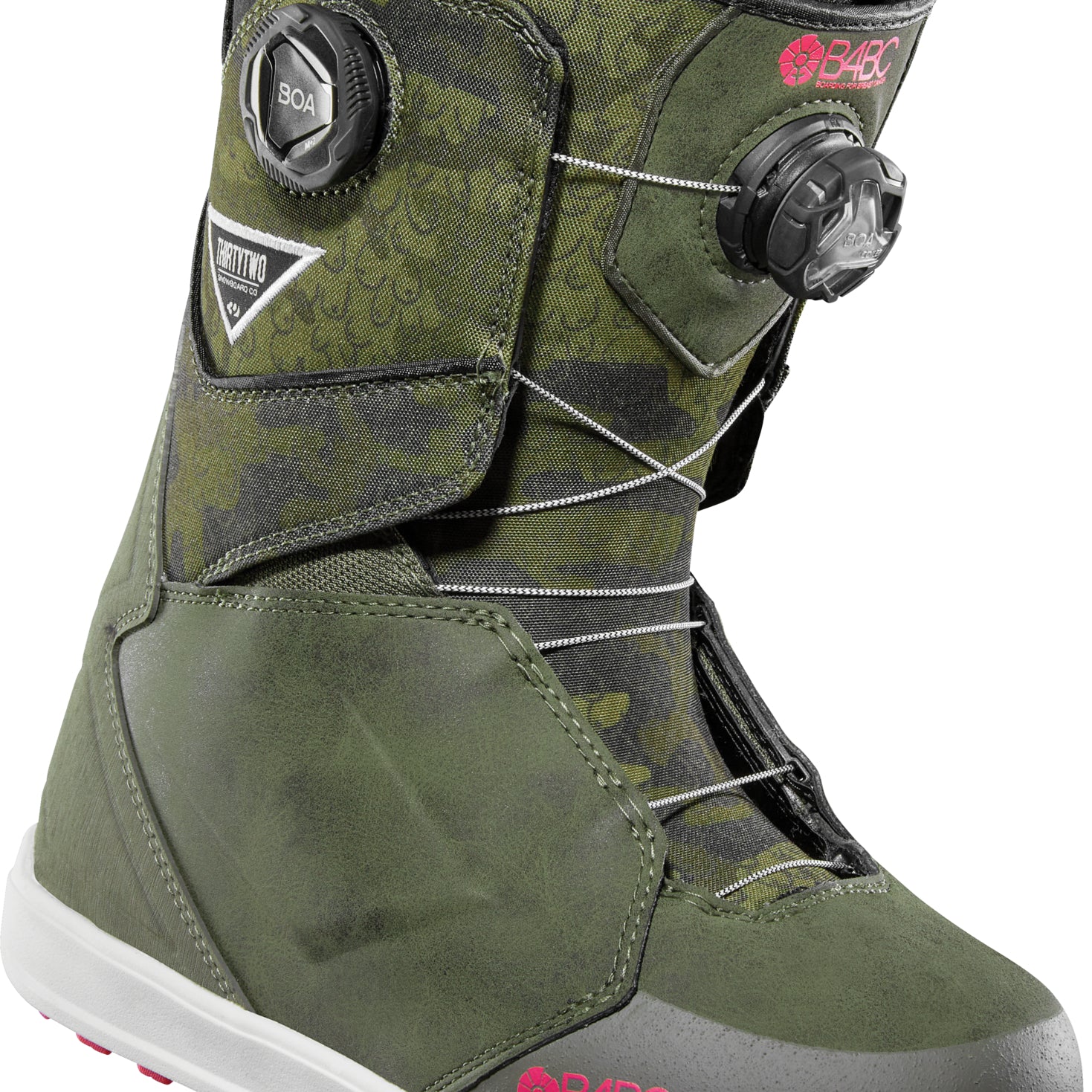 ThirtyTwo Women's Lashed Double BOA X B4BC Snowboard Boot 2025 - A green and black camouflage snowboard boot with a white sole and pink logo on the toe.