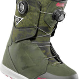 ThirtyTwo Women's Lashed Double BOA X B4BC Snowboard Boot 2025 - A green and black camouflage snowboard boot with a white sole and pink logo on the toe.