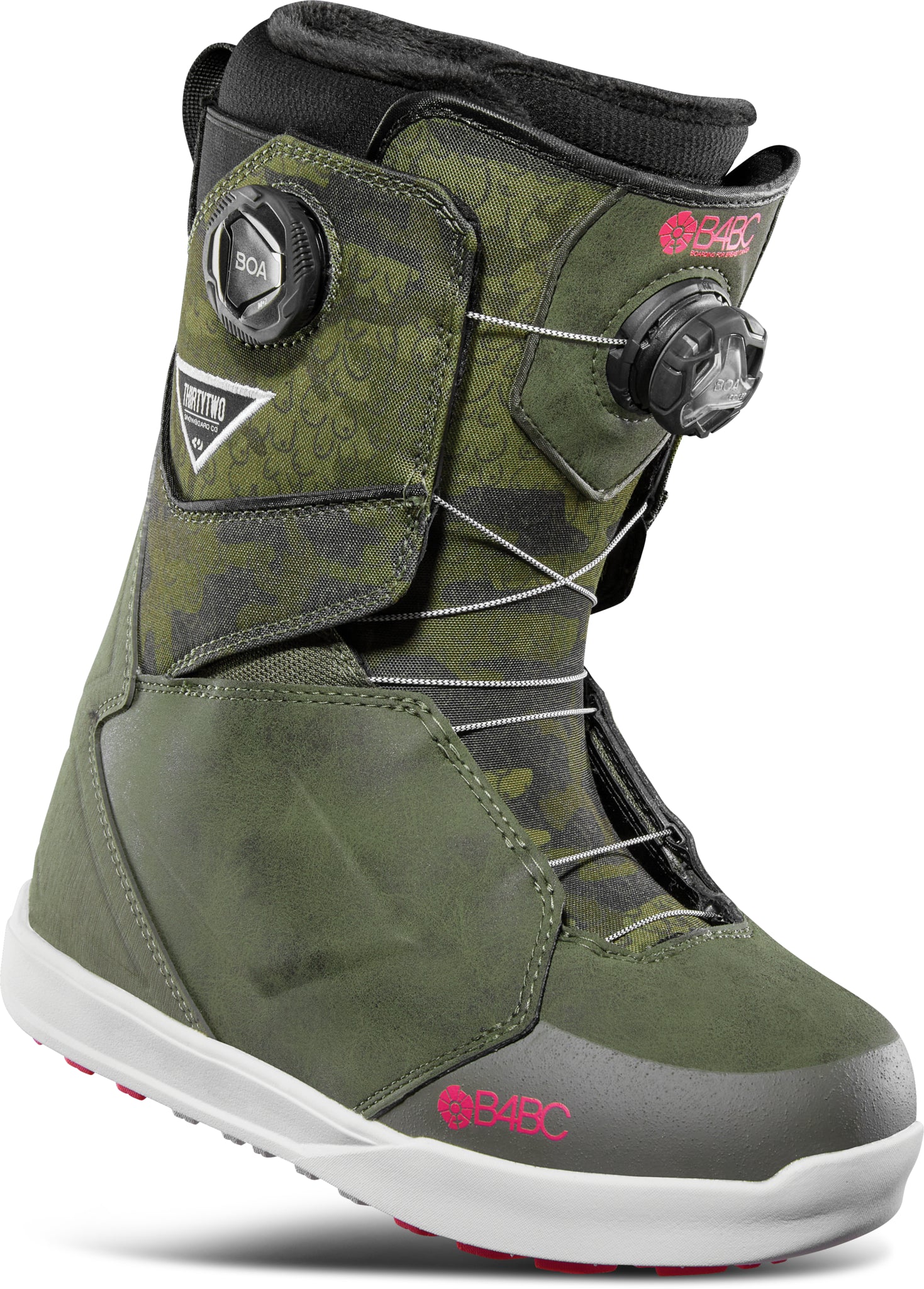 ThirtyTwo Women's Lashed Double BOA X B4BC Snowboard Boot 2025 - A green and black camouflage snowboard boot with a white sole and pink logo on the toe.