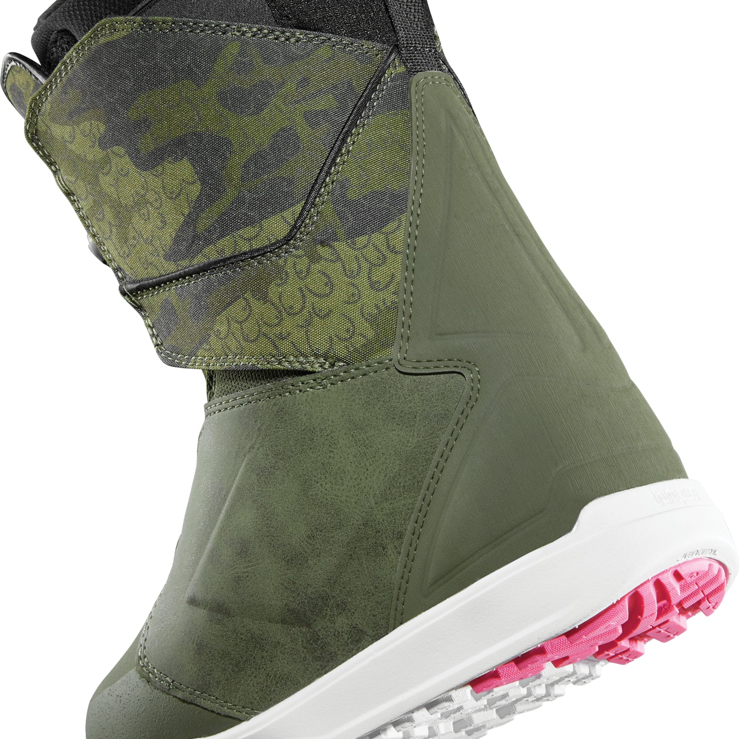 ThirtyTwo Women's Lashed Double BOA X B4BC Snowboard Boot 2025 - A green snowboard boot with a leopard print pattern on the upper portion and a white sole.
