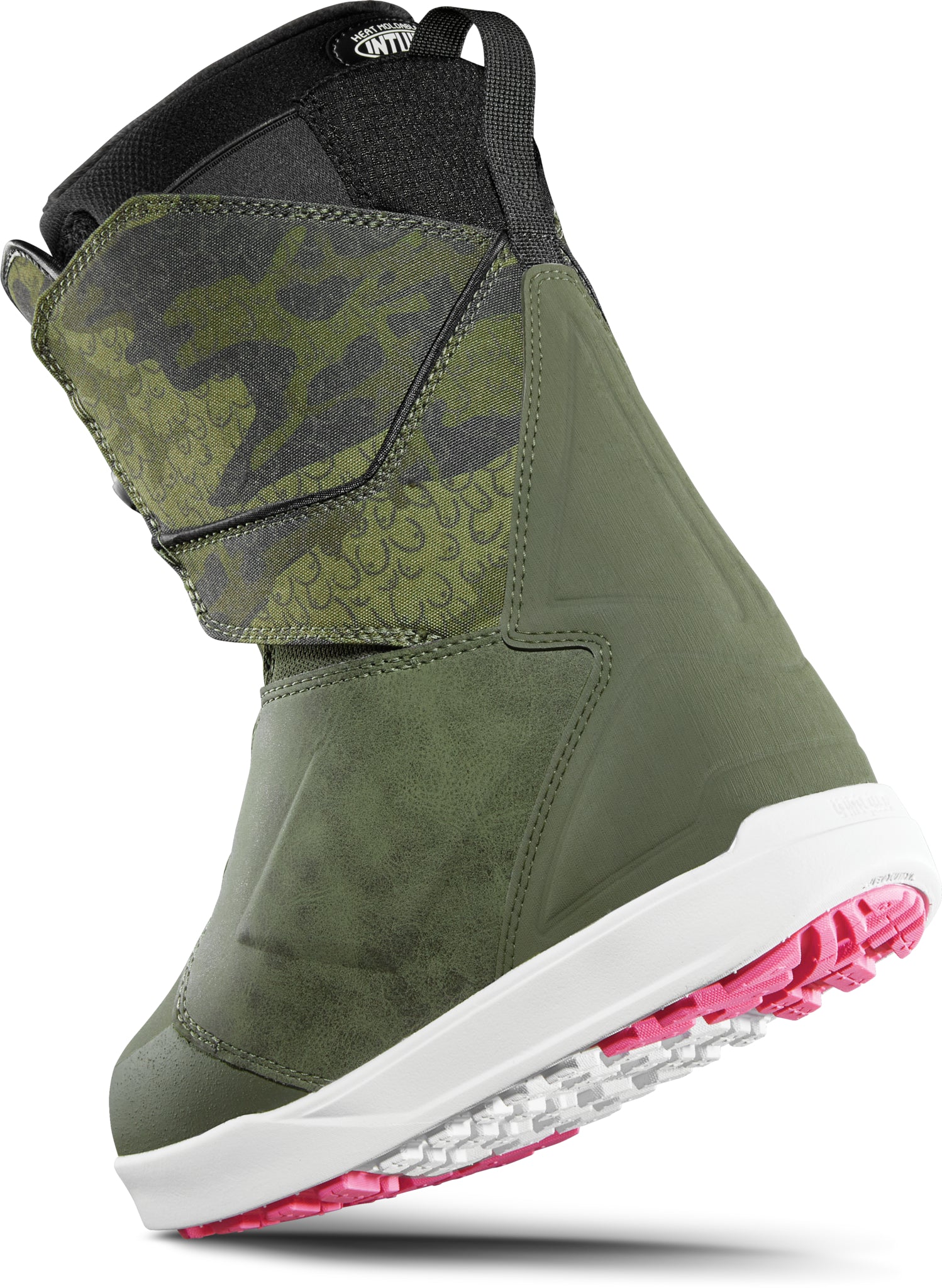 ThirtyTwo Women's Lashed Double BOA X B4BC Snowboard Boot 2025 - A green snowboard boot with a leopard print pattern on the upper portion and a white sole.