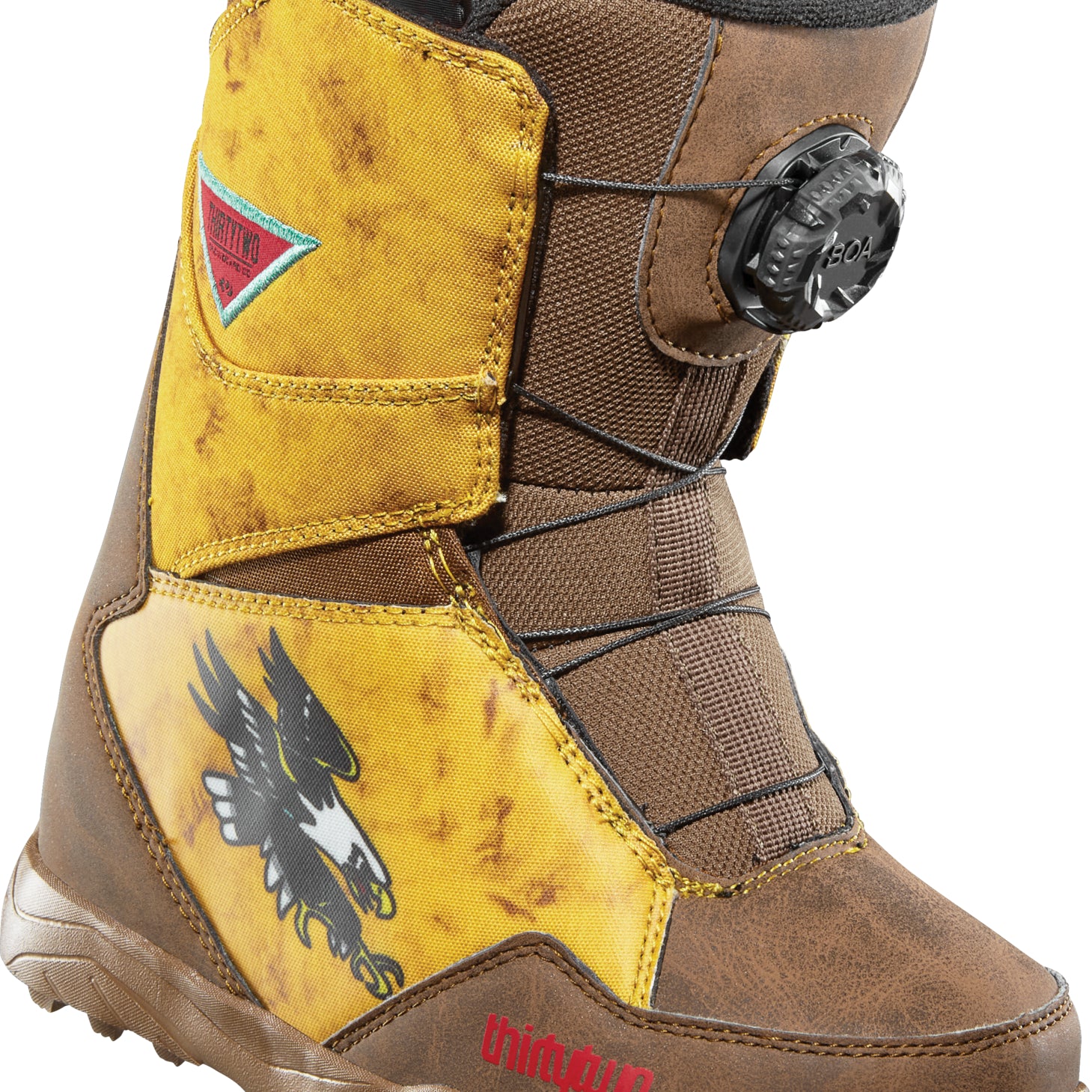 ThirtyTwo Junior's Lashed BOA X Fava Snowboard Boot 2025 - A brown snowboard boot with a black and white eagle logo on the side, featuring a BOA X closure system.