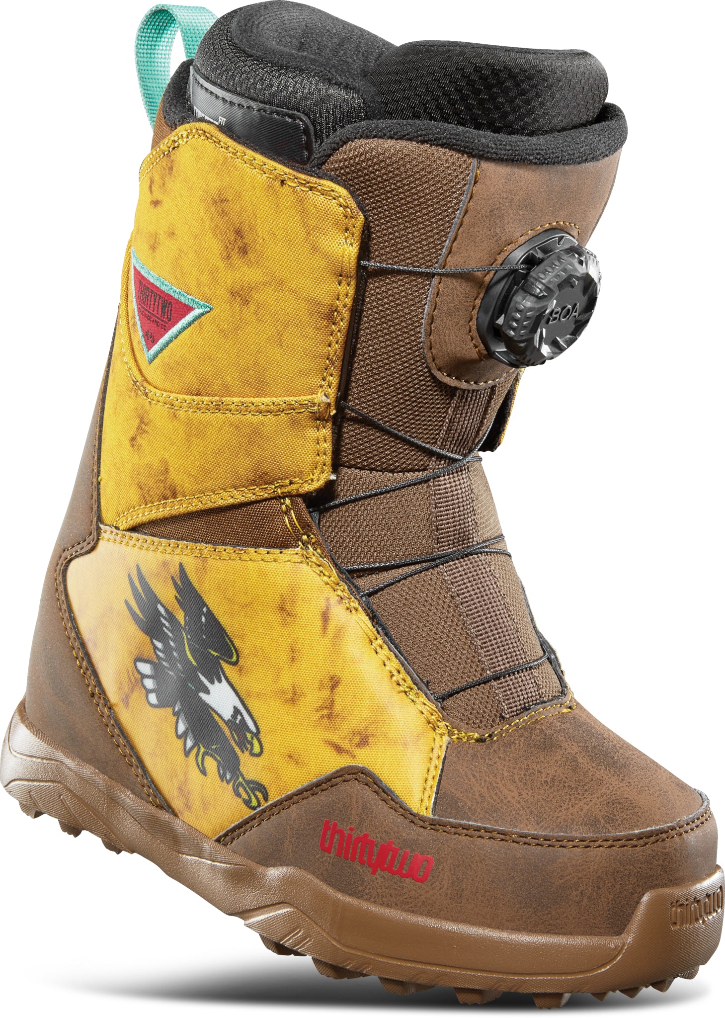 ThirtyTwo Junior's Lashed BOA X Fava Snowboard Boot 2025 - A brown snowboard boot with a black and white eagle logo on the side, featuring a BOA X closure system.