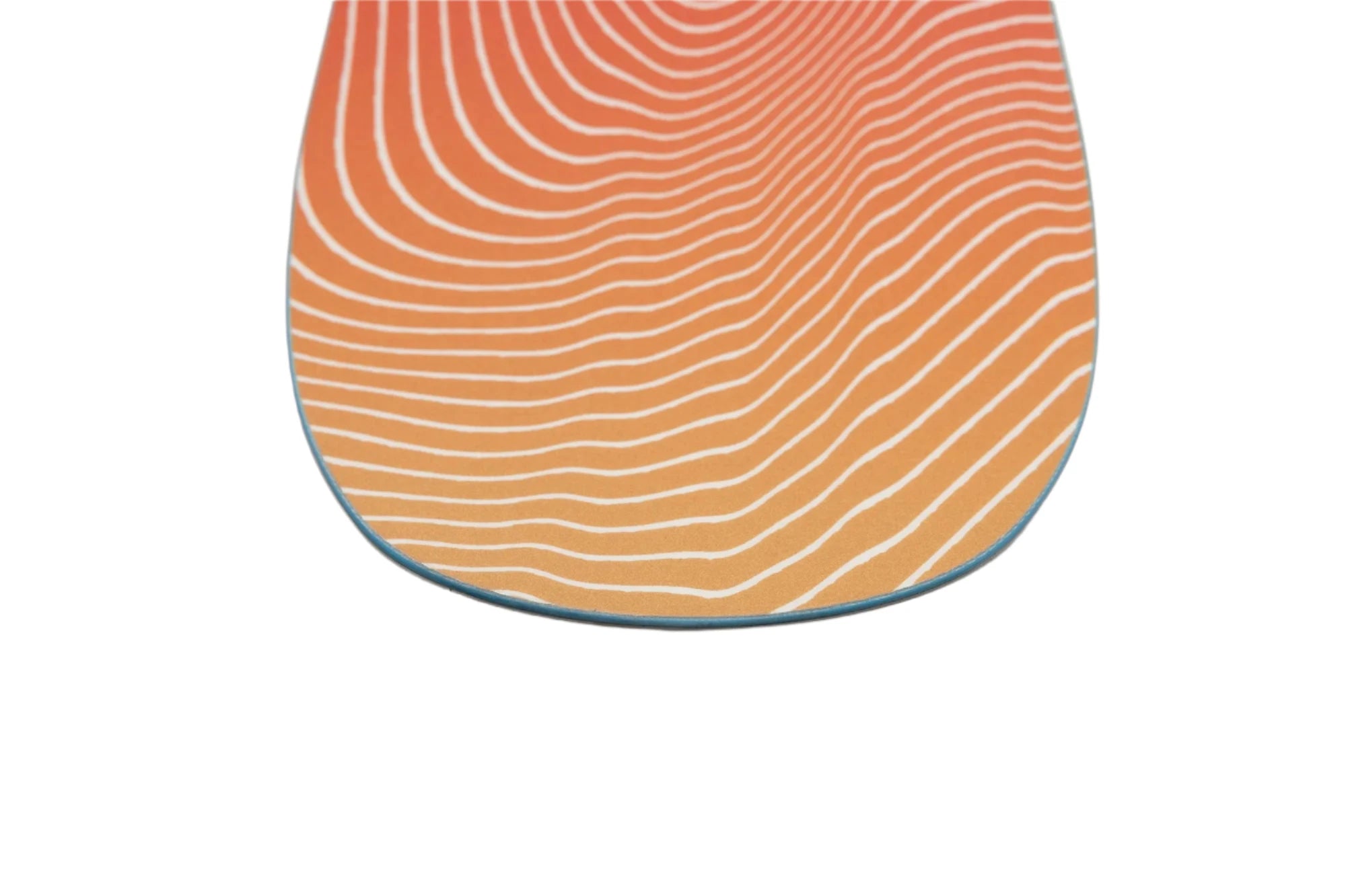 Nitro Alternator X Volcom Snowboard 2025 - A snowboard with a gradient orange and red color scheme, featuring white stripes in a wavy pattern.