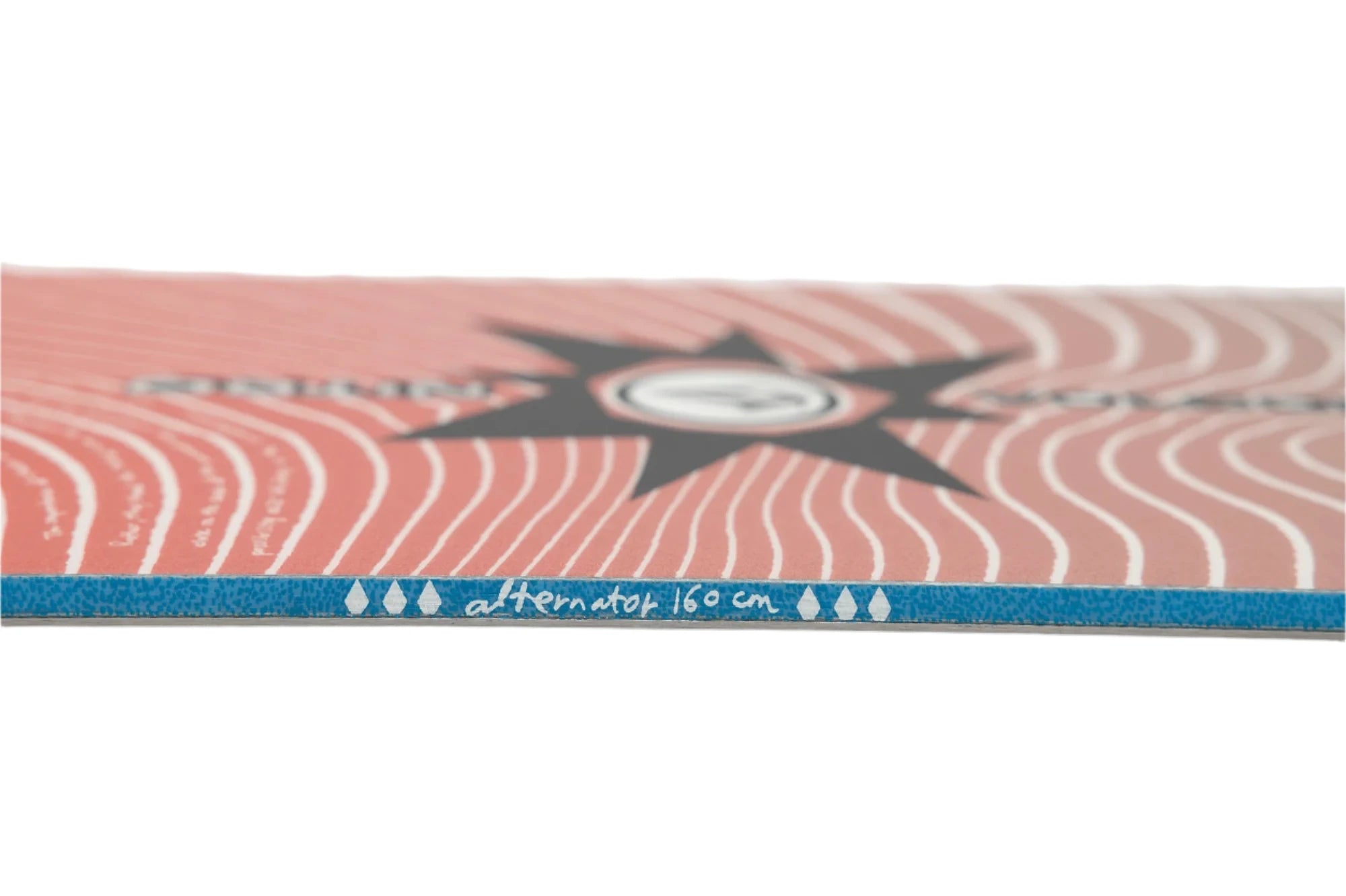 Nitro Alternator X Volcom Snowboard 2025 - A pink snowboard with a black starburst design on top of white wavy lines.