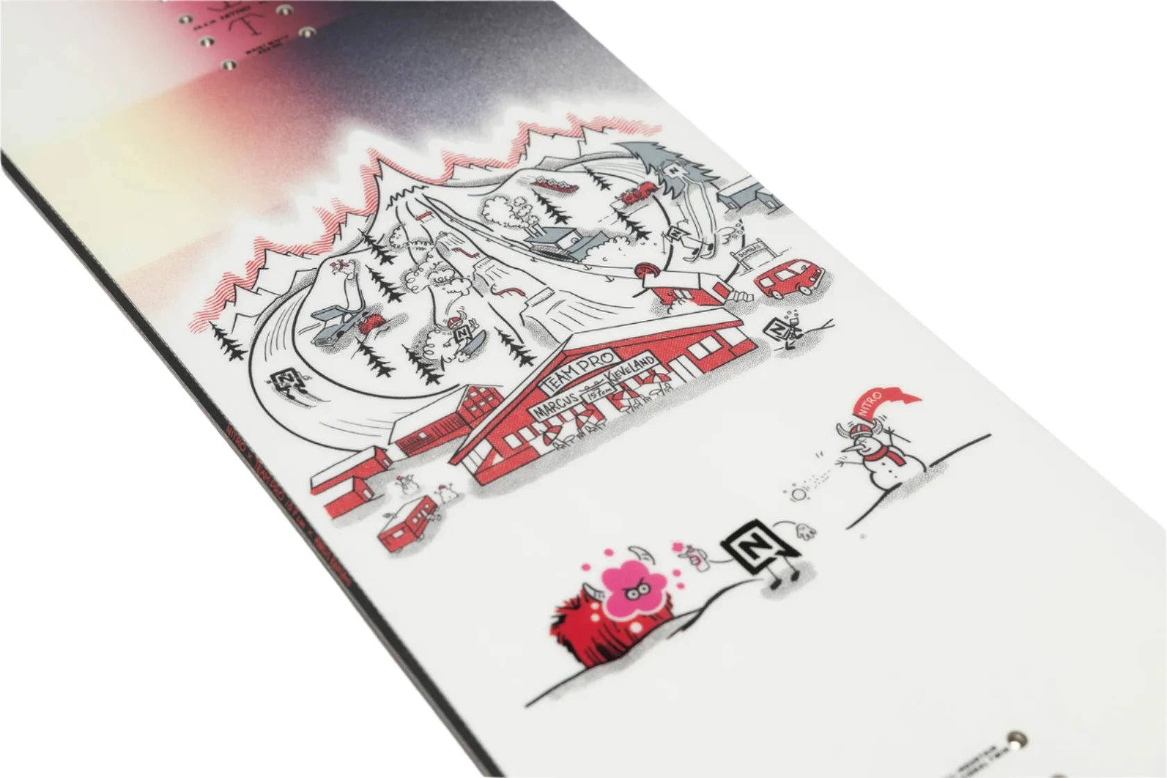Nitro Team Pro Marcus Kleveland Snowboard 2025 - A snowboard with a red and white color scheme, featuring a graphic of a man riding it down a mountain.