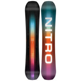 Nitro Team Snowboard 2025 - A black snowboard with a gradient of blue, orange, and purple colors at the tip.