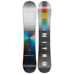 Nitro Cinema Snowboard 2025 - A silver snowboard with a multicolored, abstract design featuring red, green, blue, and yellow hues.