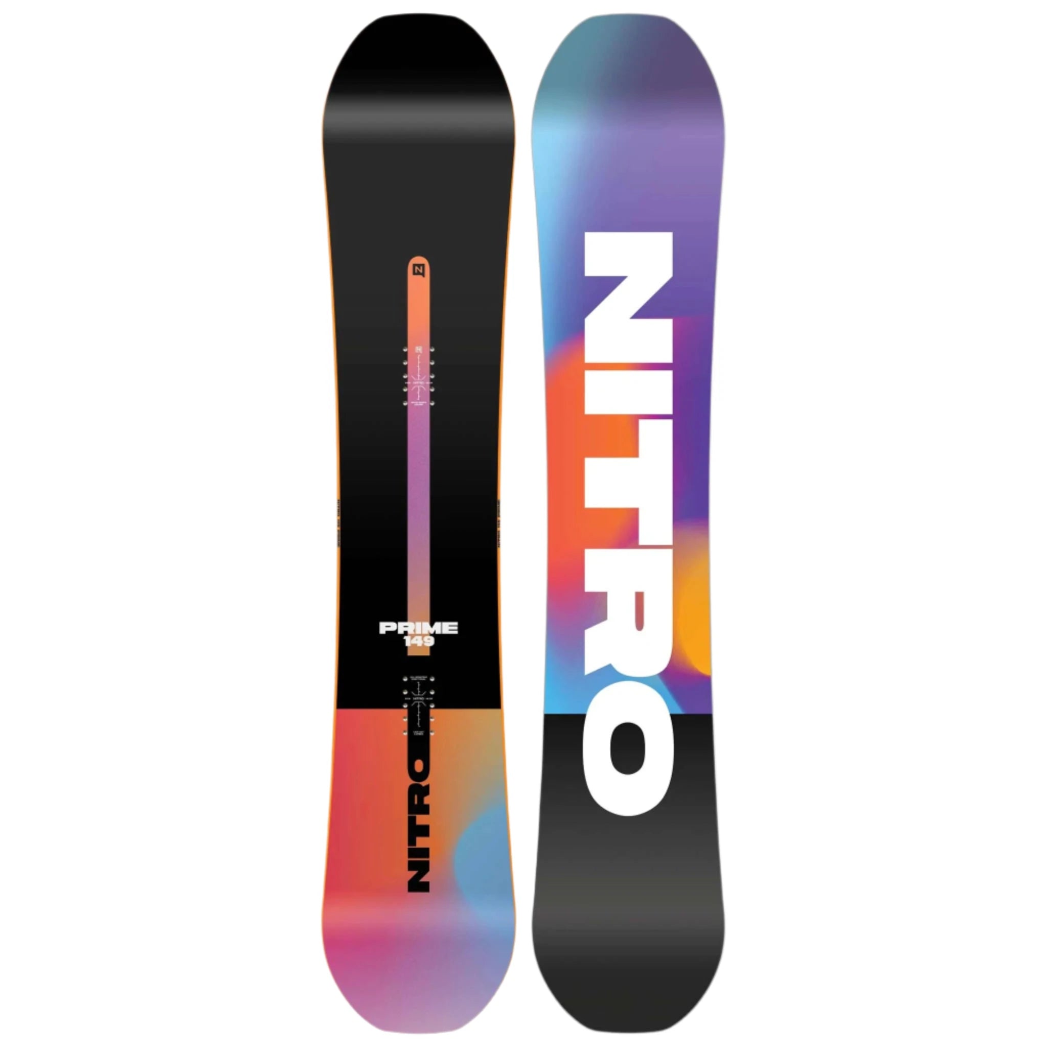 Nitro Prime Chroma Cam-Out Snowboard 2025 - A snowboard with a black base and a colorful, abstract design featuring shades of purple, orange, blue, and yellow.