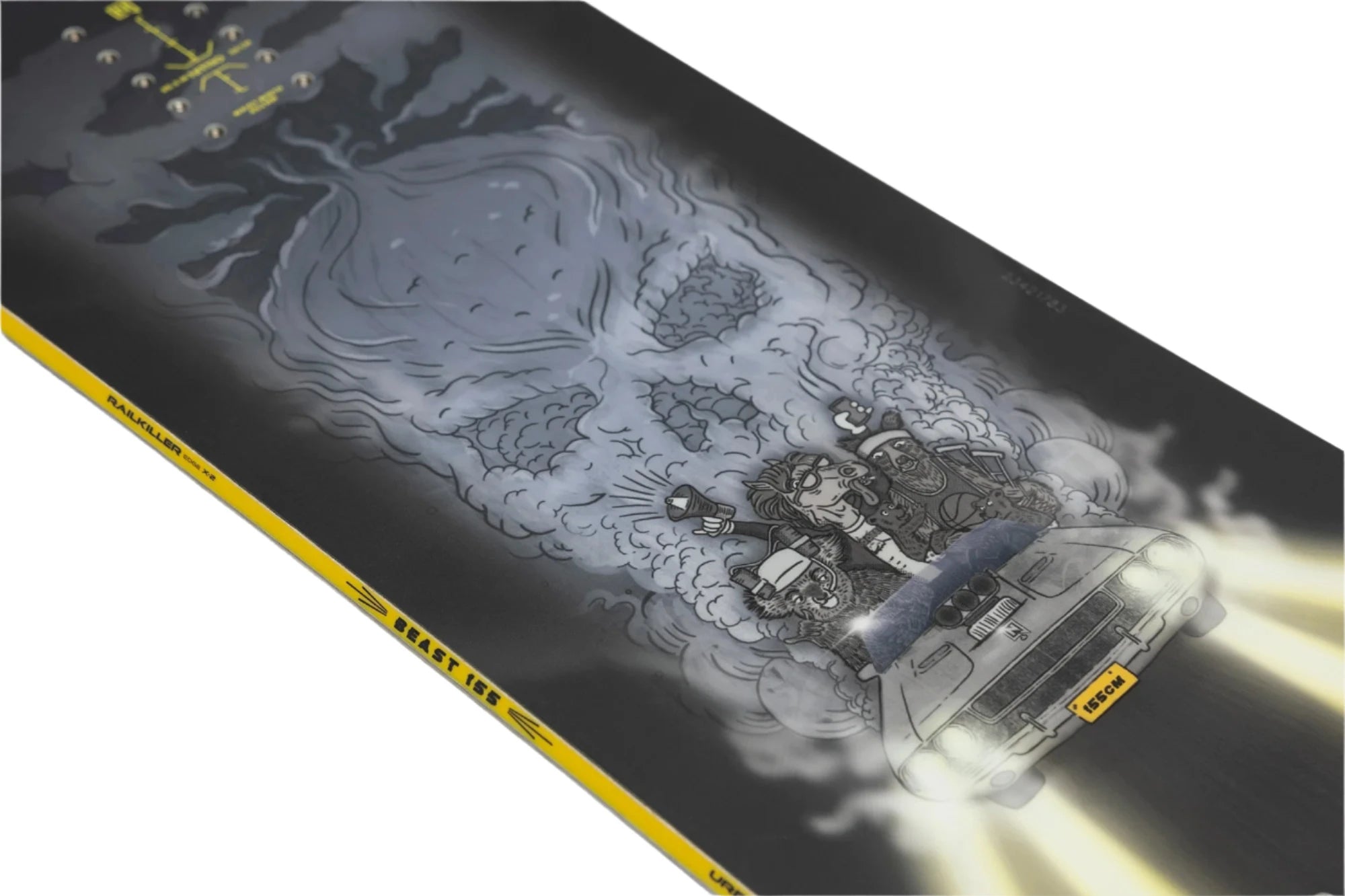 Nitro Beast Snowboard - A black snowboard with a large, stylized illustration of a beast's head in white and gray tones.