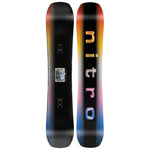 Nitro Optisym Snowboard 2025 - A black snowboard with a white window graphic on top and a gradient of orange, yellow, red, blue, and purple at the bottom.