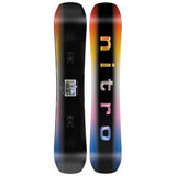 Nitro Optisym Snowboard 2025 - A black snowboard with a white window graphic on top and a gradient of orange, yellow, red, blue, and purple at the bottom.