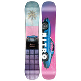 Nitro Cheap Thrills Snowboard 2025 - A blue snowboard with a palm tree and pink sky in the background.
