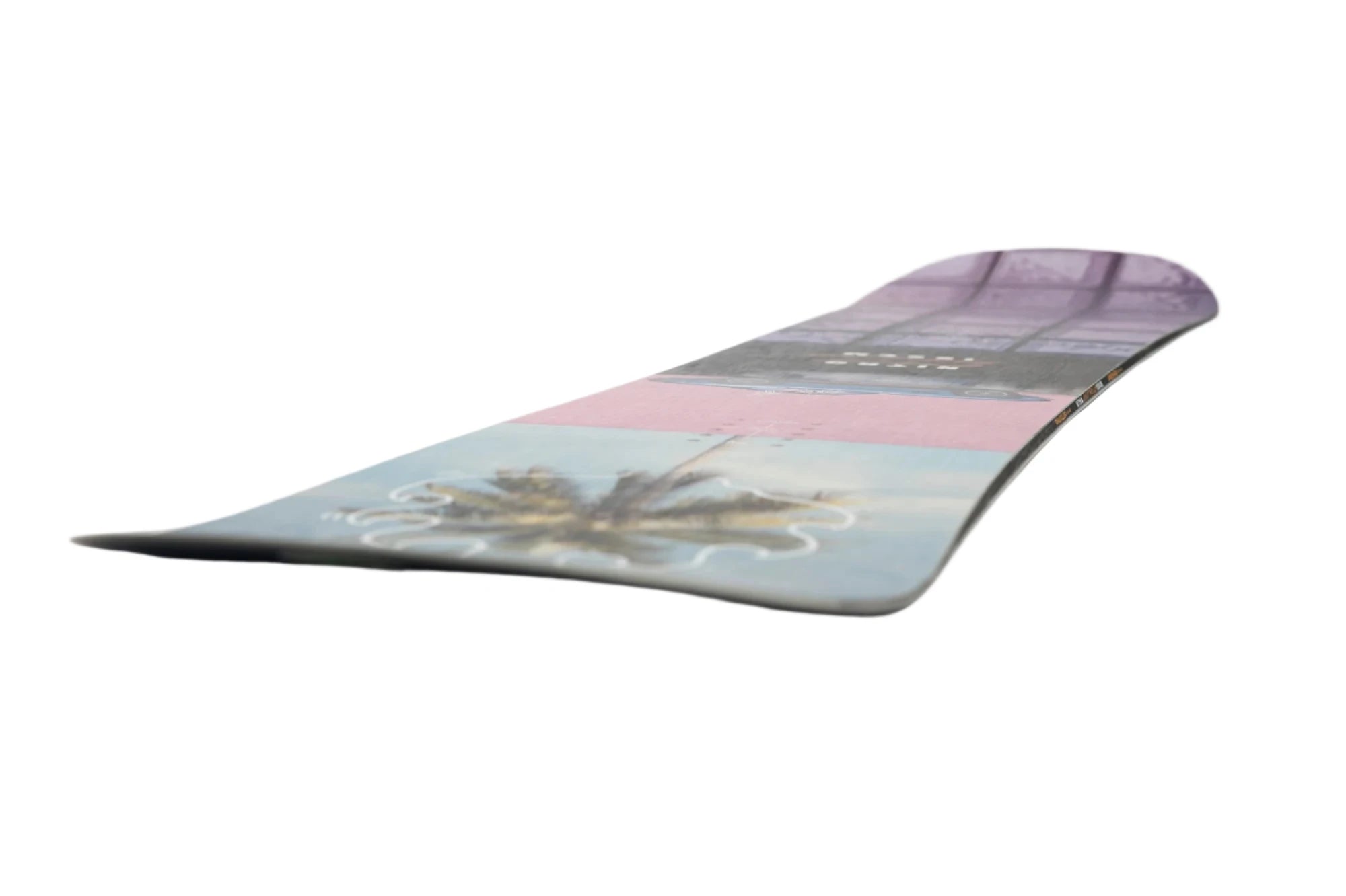 Nitro Cheap Thrills Snowboard 2025 - A snowboard with a light blue background and palm tree graphic on the bottom left corner.