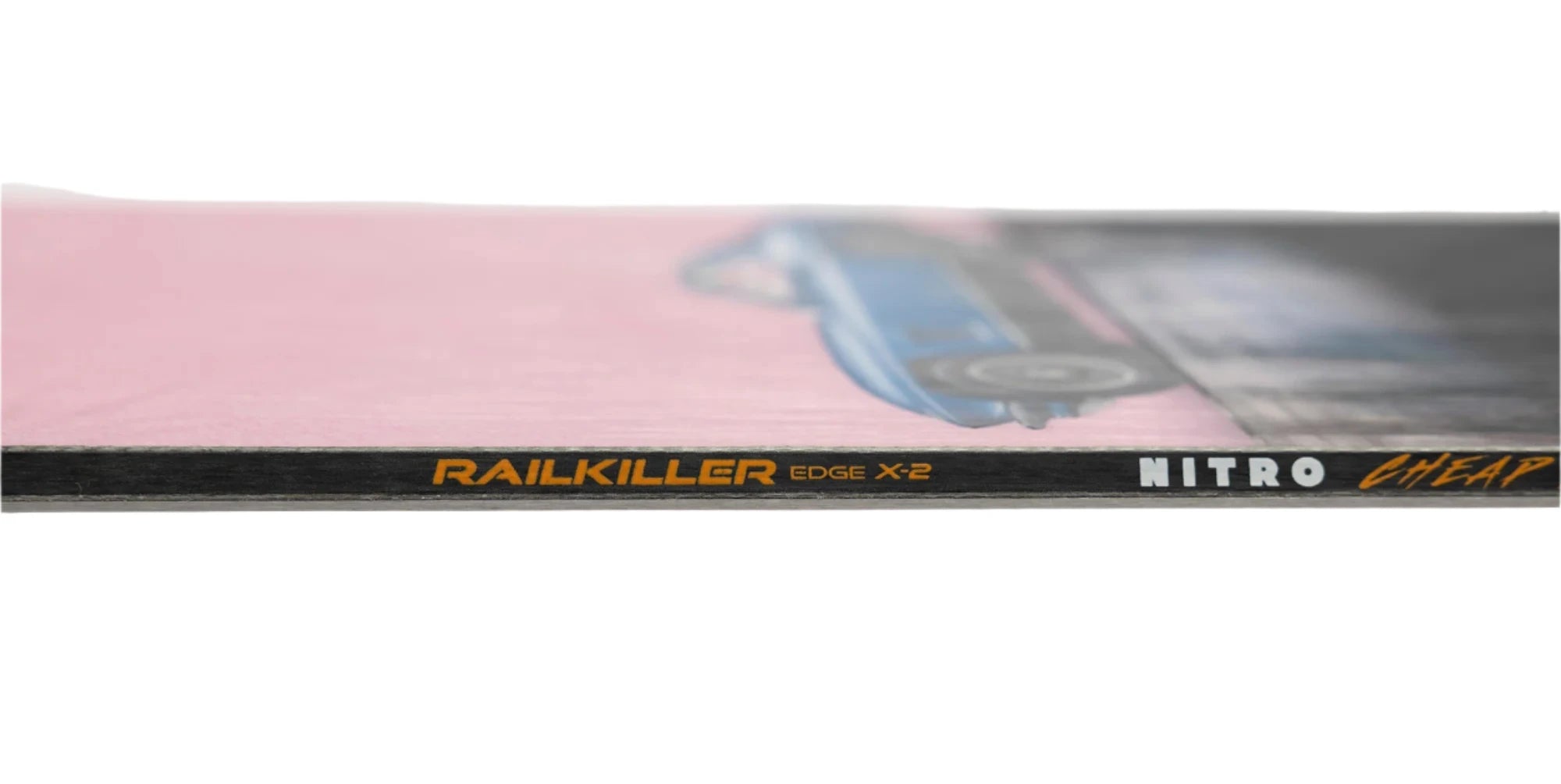 Nitro Cheap Thrills Snowboard 2025 - A blue snowboard with a white and black graphic design on a pink background.