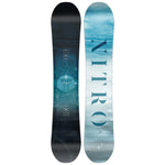 Nitro Women's Mystique Snowboard 2025 - A blue and white snowboard with a geometric pattern on top of a dark background.