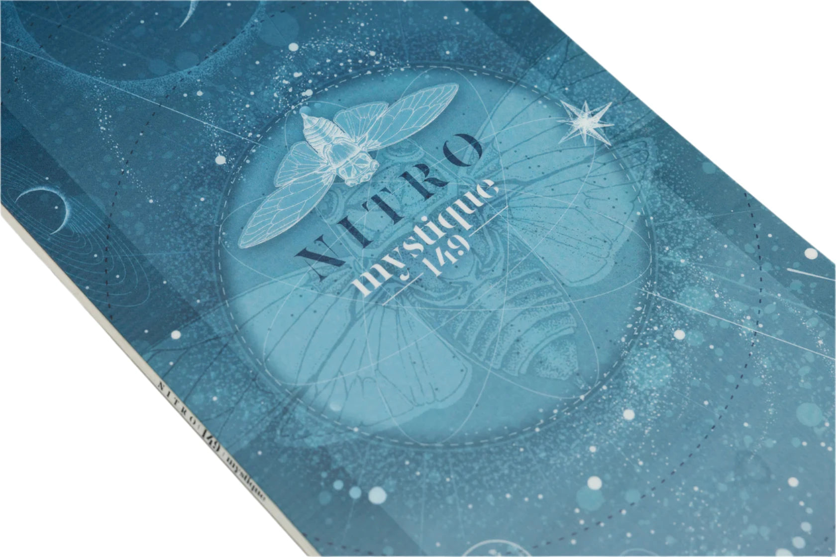 Nitro Women's Mystique Snowboard 2025 - A blue snowboard with a white and black graphic of a woman in a dress on it.